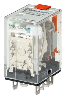 Миниатюрное силовое реле; 2 перекидных контакта 10А (~ 230В AC) блокируемая кнопка проверки + светодиод