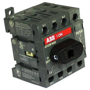 Рубильник OT25F4N2 до 25А 4х-полюсный для установки на DIN-рейку или монтажную плату (с резерв. ручкой)