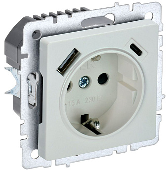 BRITE Роз. с з/к/ш 16А с USB A+C 18Вт РЮш11-1-БрЖ жемч. IEK