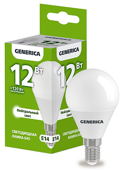 Лампа LED G45 шар 12Вт 230В 4000К E14 GENERICA