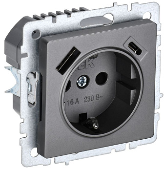 BRITE Роз. с з/к/ш 16А с USB A+C 18Вт РЮш11-1-БрС сталь IEK