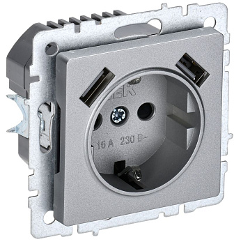 BRITE Роз. с з/к/ш 16А с USB A+A 2,1А РЮш10-1-БрА алюм. IEK